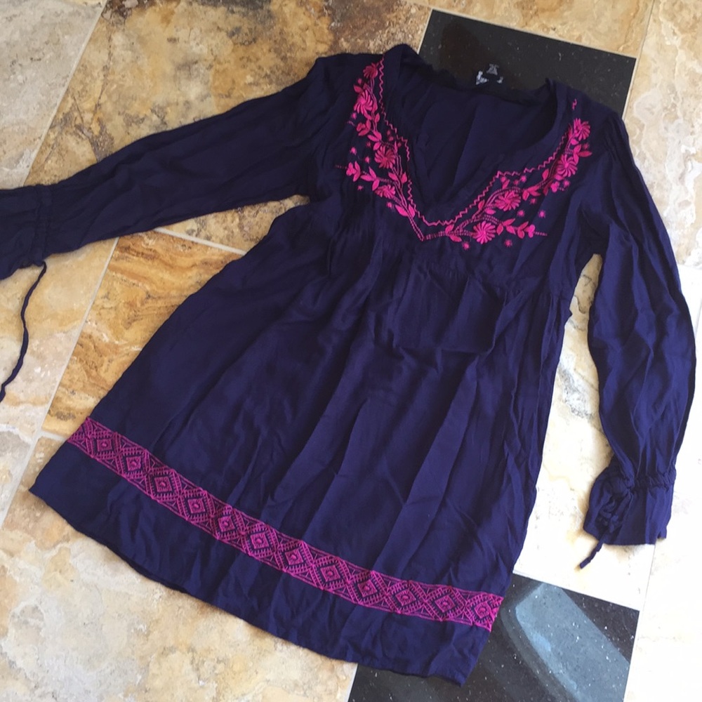 Angie 100%rayon soft embroidered peasant navy/pink